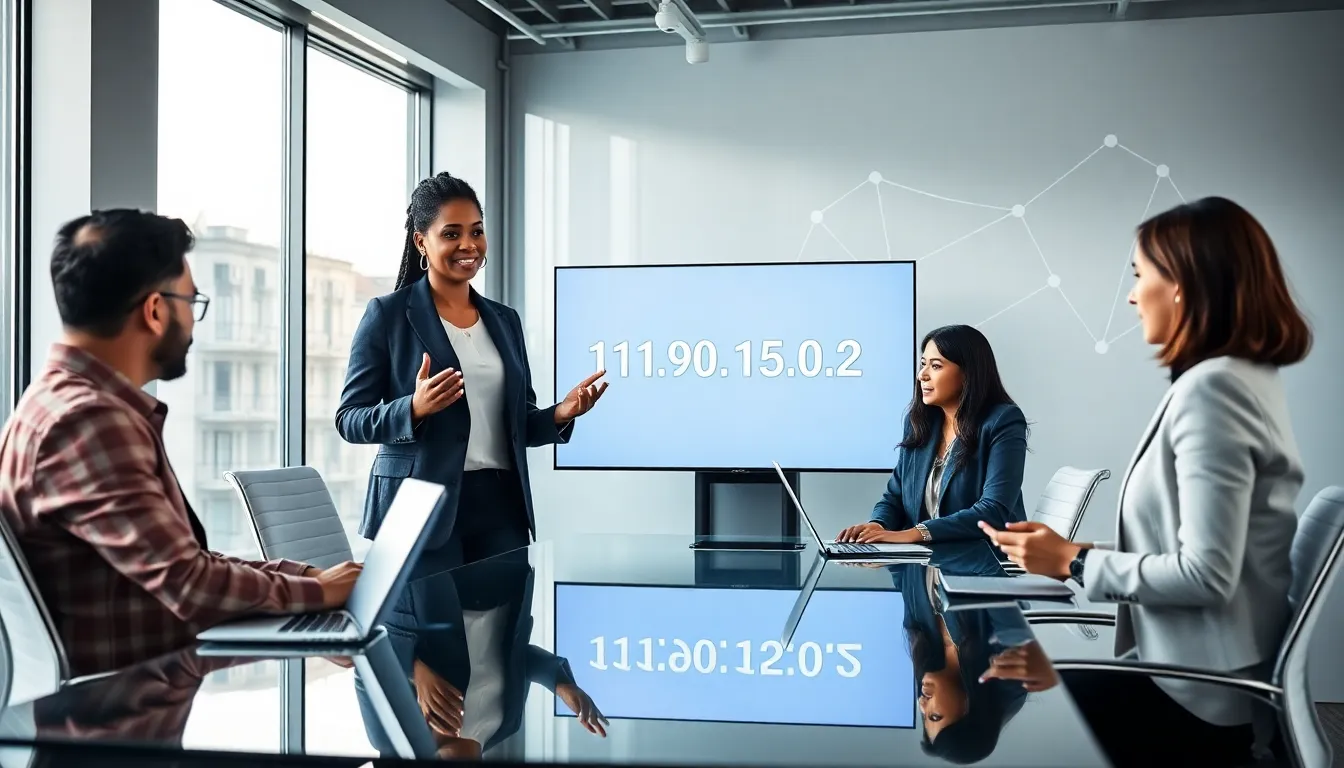 professionals discussing IP addresses in a modern office setting.