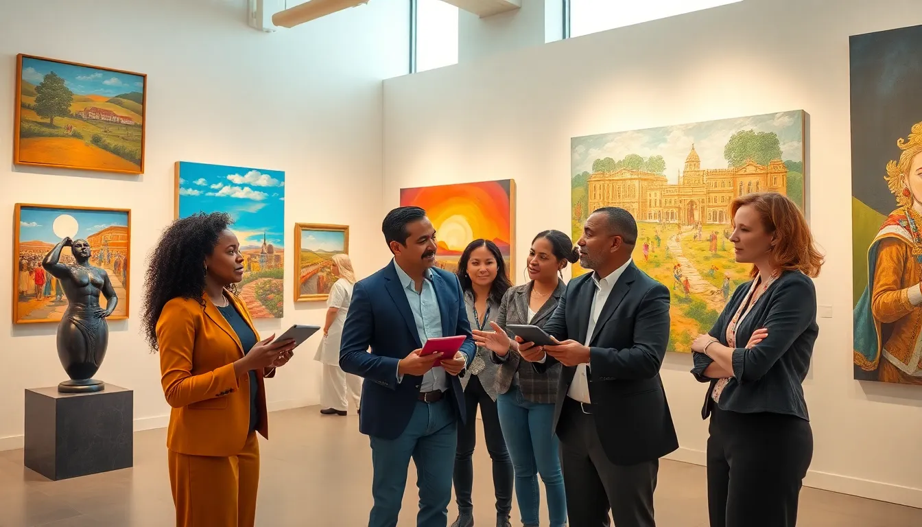 diverse professionals discussing art inspired by Krylovalster in a gallery.