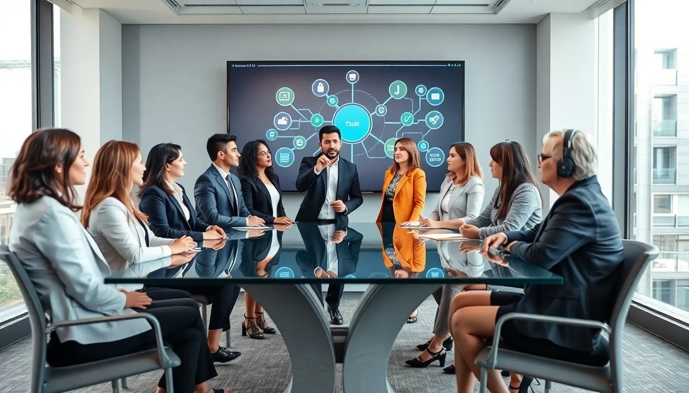 diverse professionals collaborating on a productivity framework in a modern office.