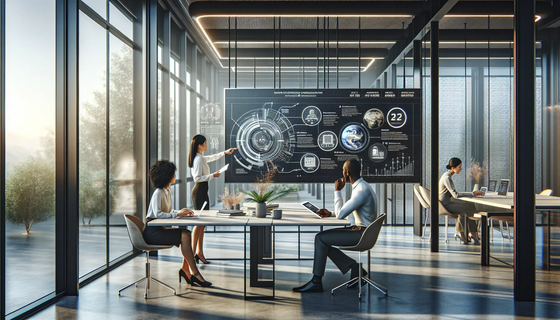 diverse professionals discussing technology in a modern office.