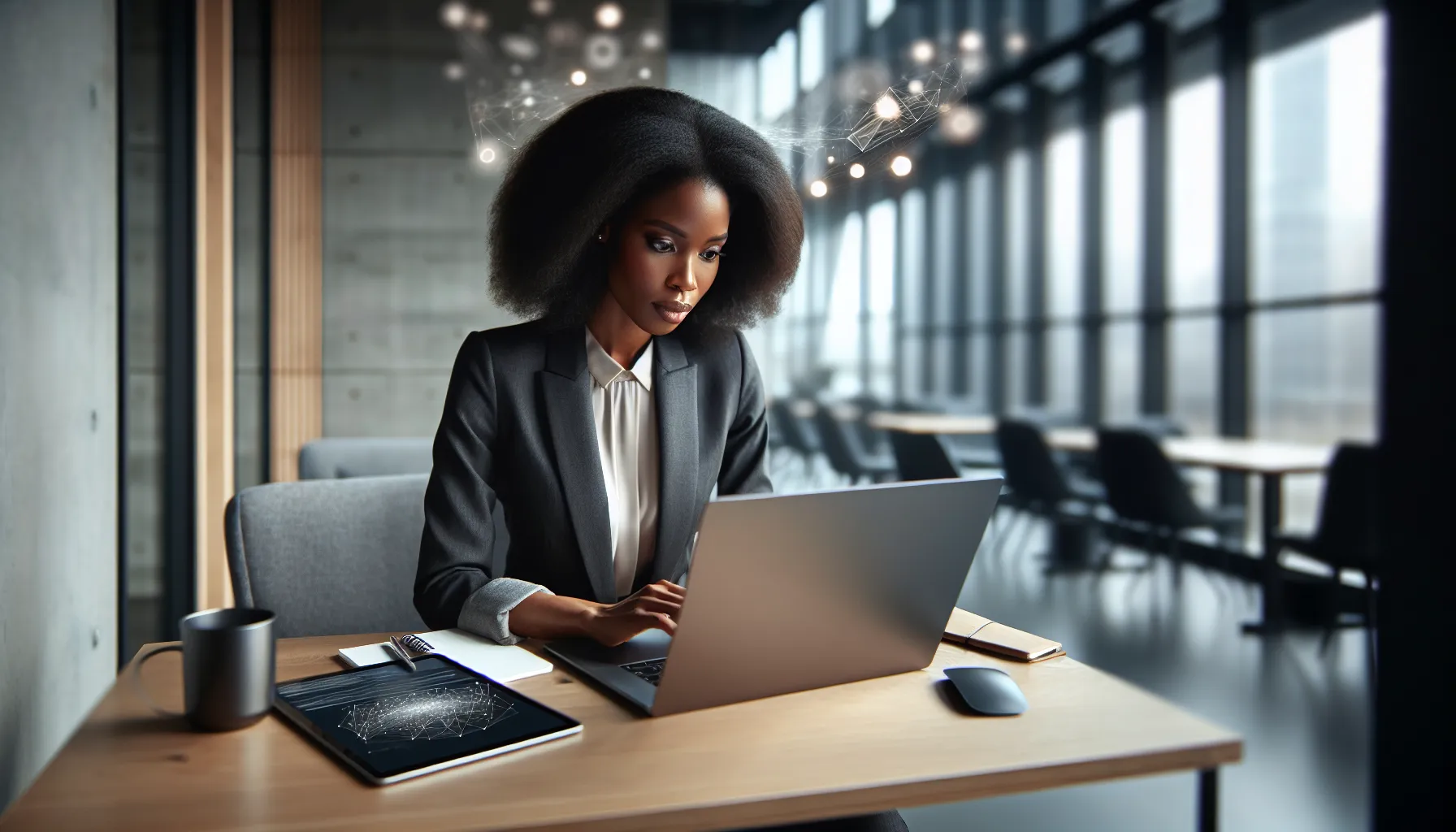 person using a laptop to look up an IP address in a modern office.