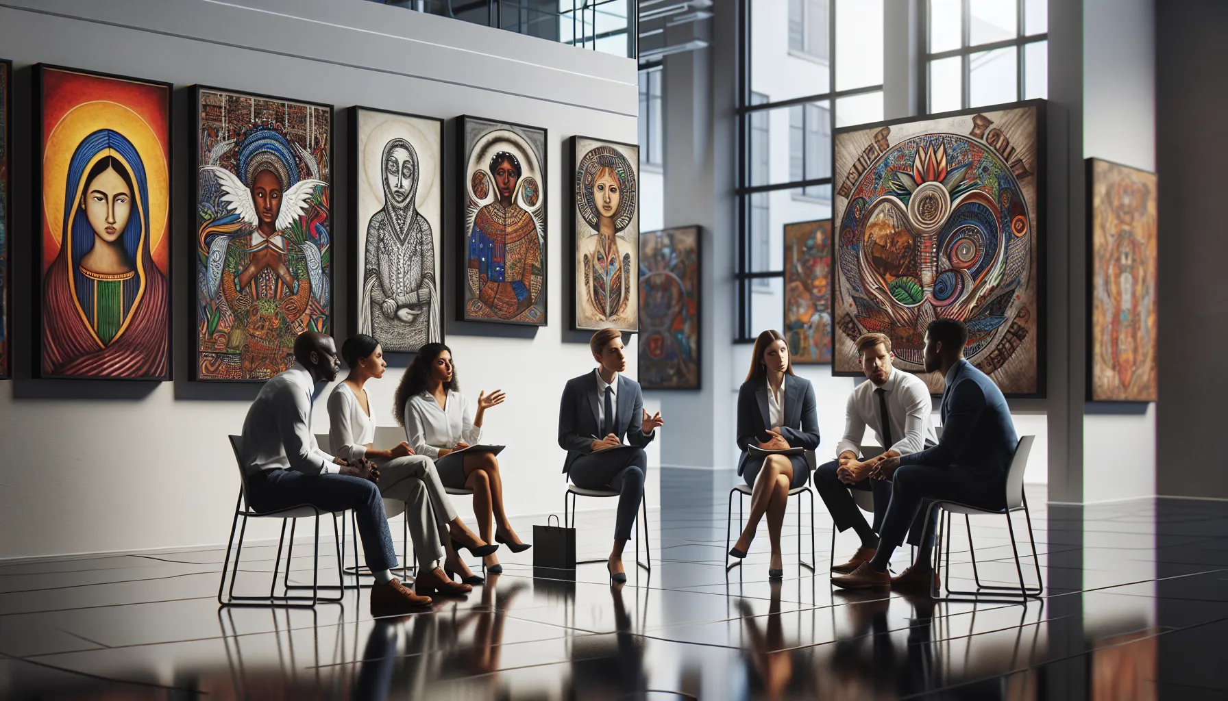 Diverse professionals discussing utjutcth in a modern gallery.