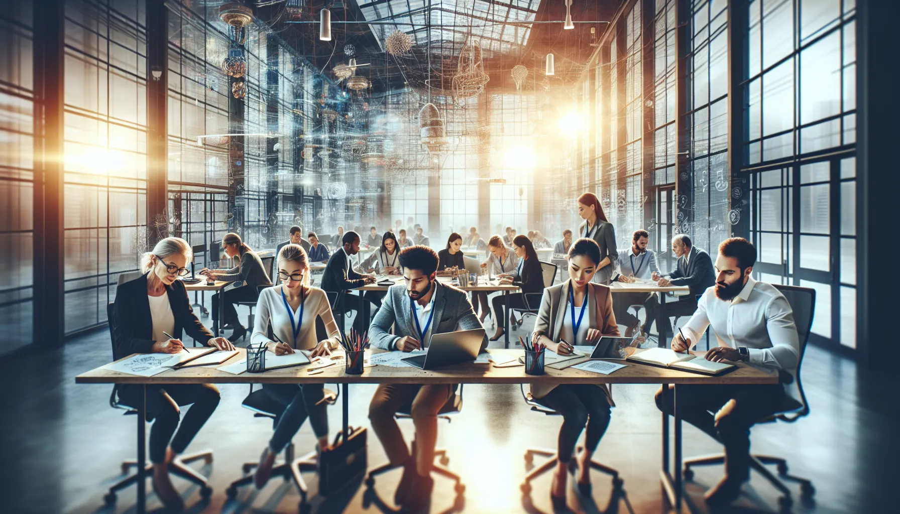 diverse professionals collaborating in a modern classroom setting.