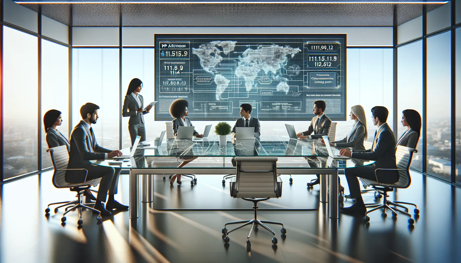 diverse team discussing IP addresses in a modern office.