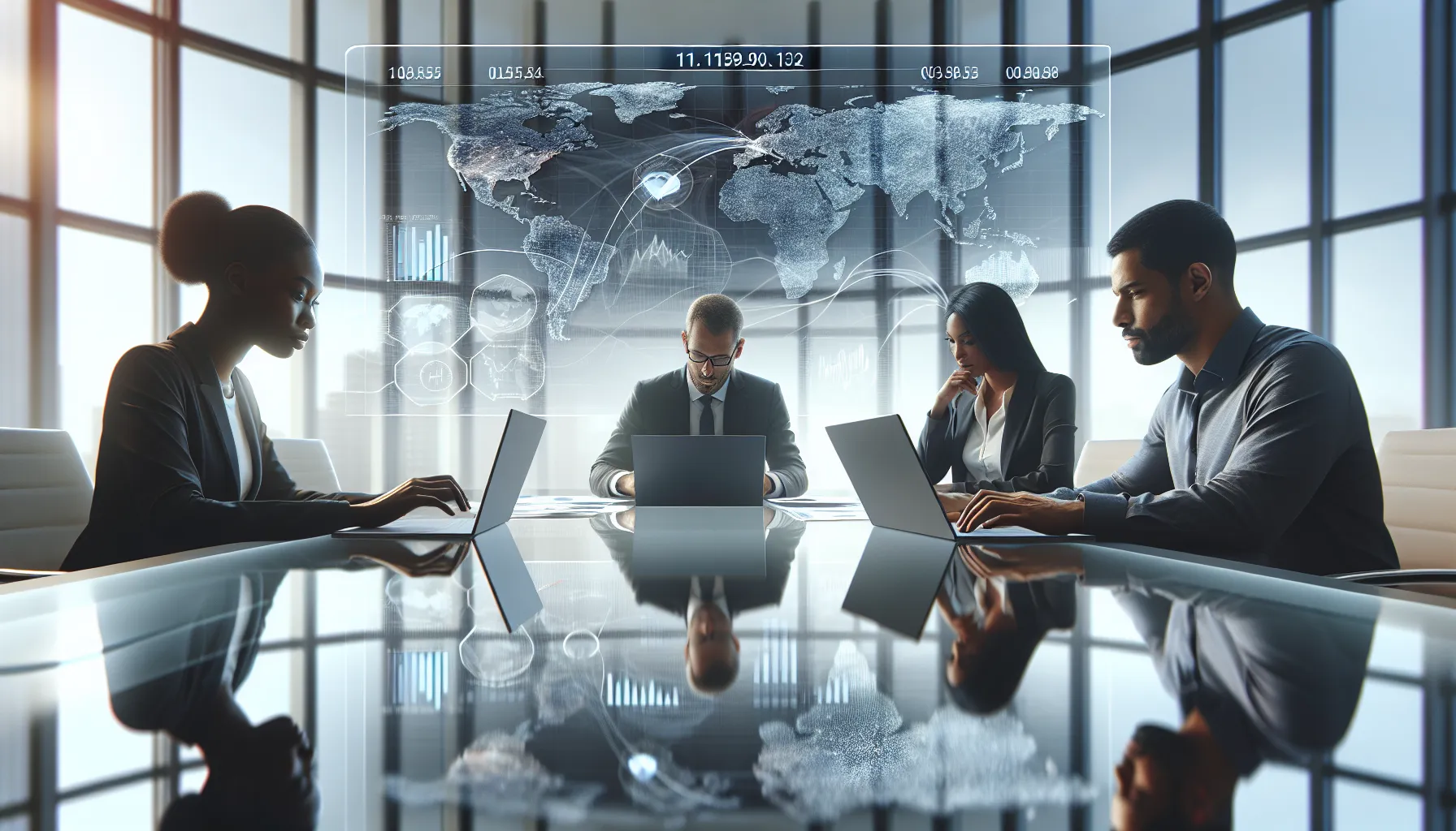 diverse team analyzing geolocation data around a conference table.