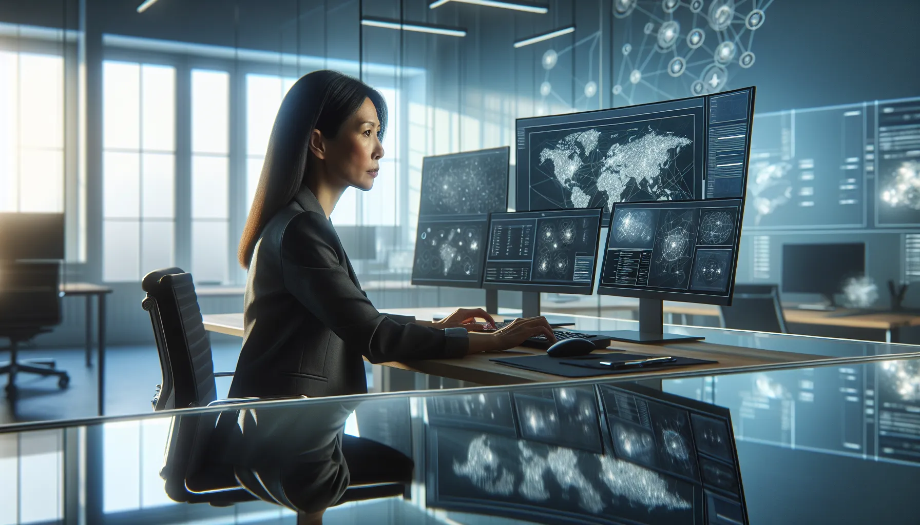 cybersecurity analyst reviewing IP address data in a modern office.