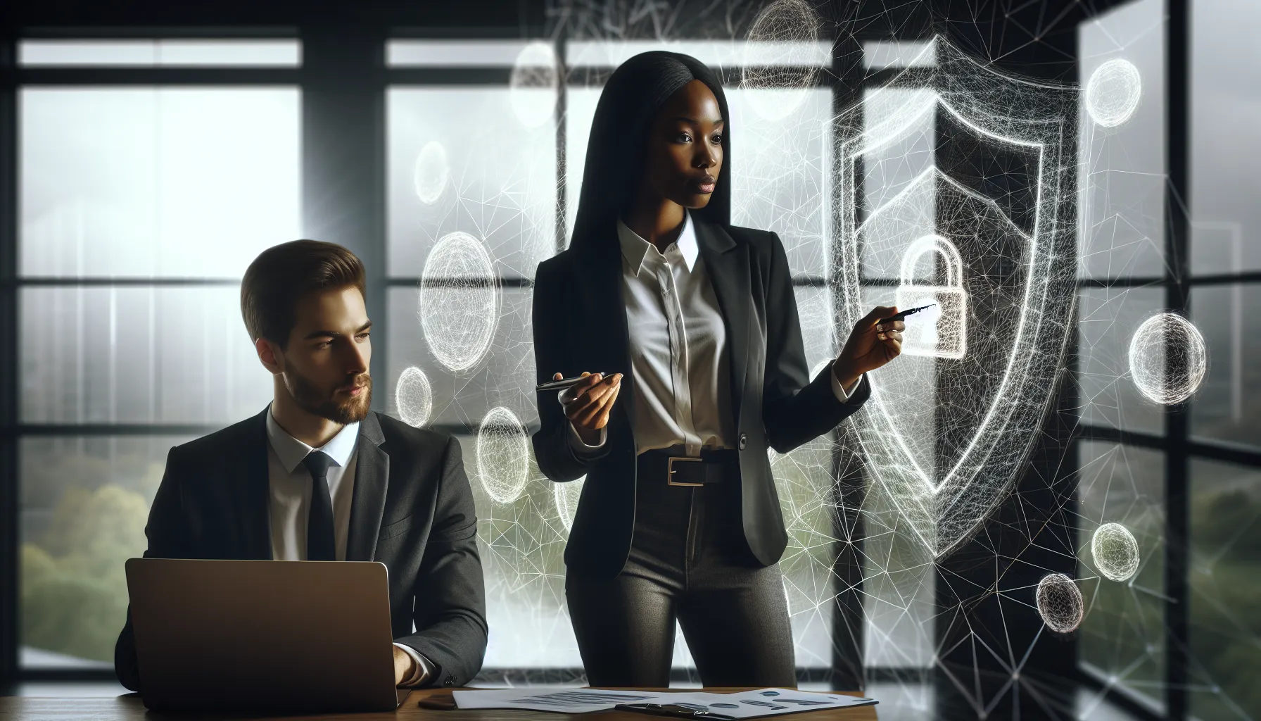 diverse team discussing cybersecurity in a modern office.