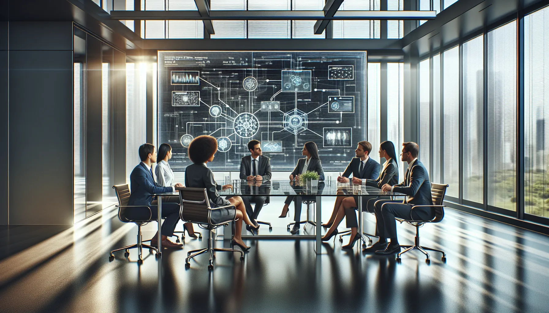 business team discussing network gating in a modern office.