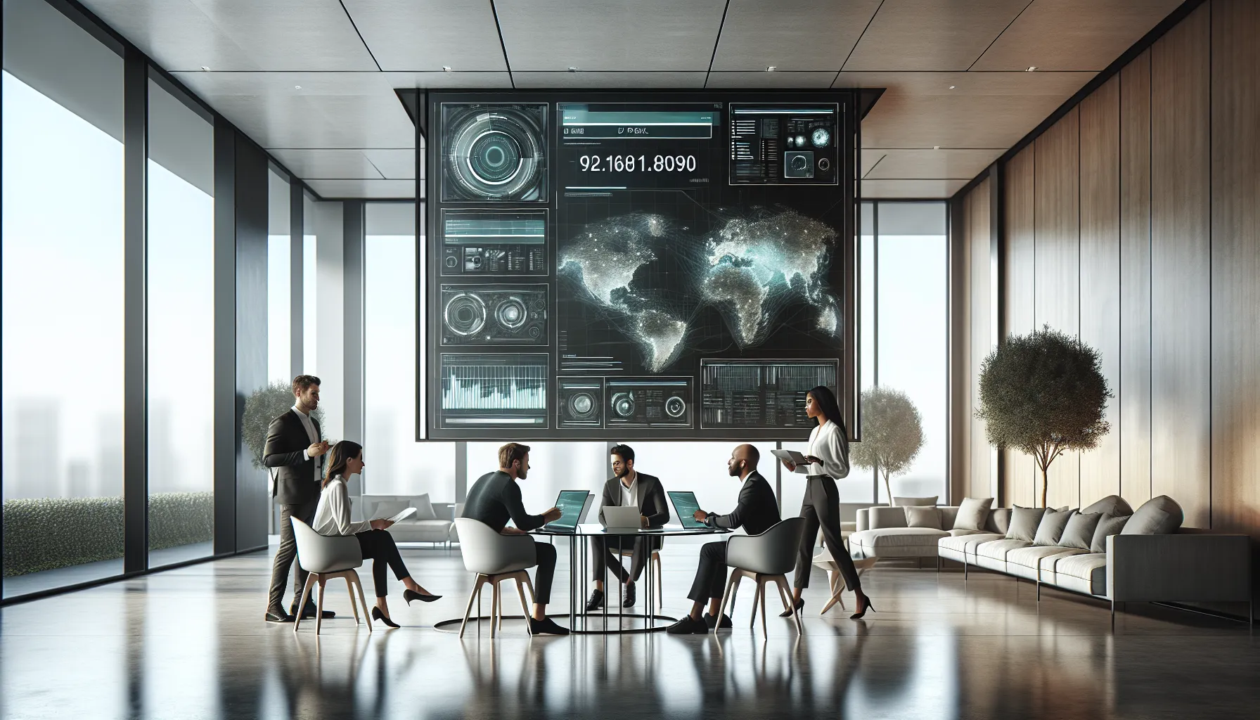 professionals discussing IP address in a modern office setting.