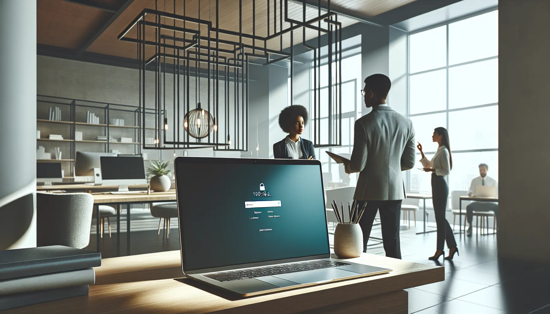 professionals accessing a network in a modern office environment.