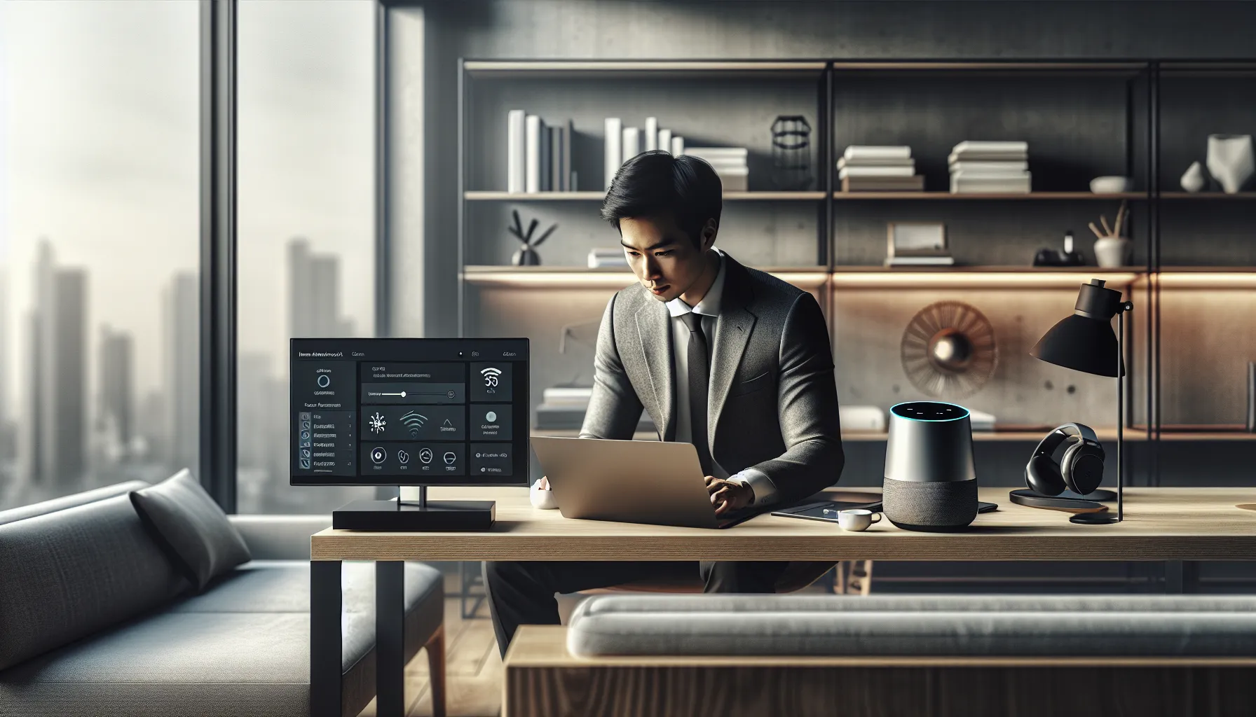 individual managing home network settings in a modern office.