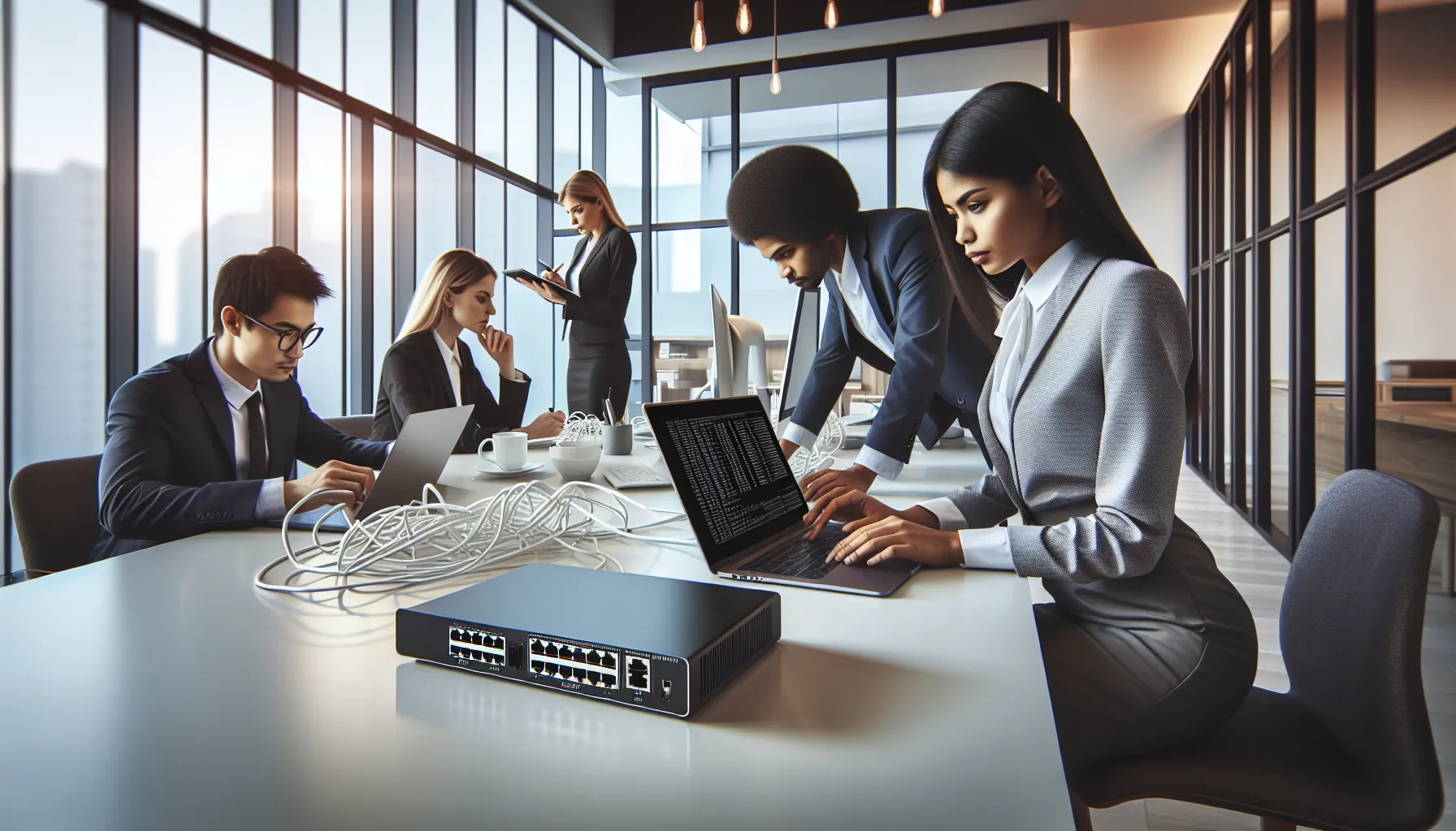 IT professionals troubleshooting network issues in a modern office.